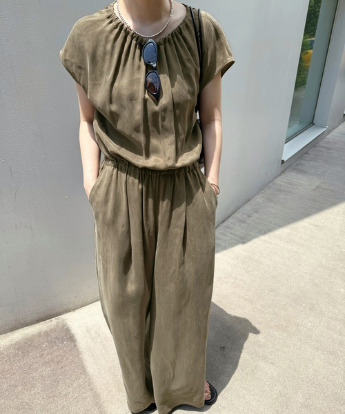 新品 IENA キュプラ ギャザーネックオールインワン ブラウン IENA オールインワン キュプラ ギャザーネックオールインワン