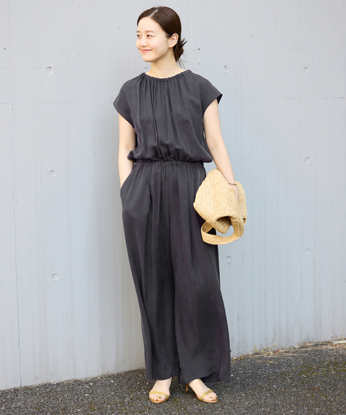 新品 IENA キュプラ ギャザーネックオールインワン ブラウン 追加》キュプラギャザーネックオールインワン（つなぎ／オールインワン