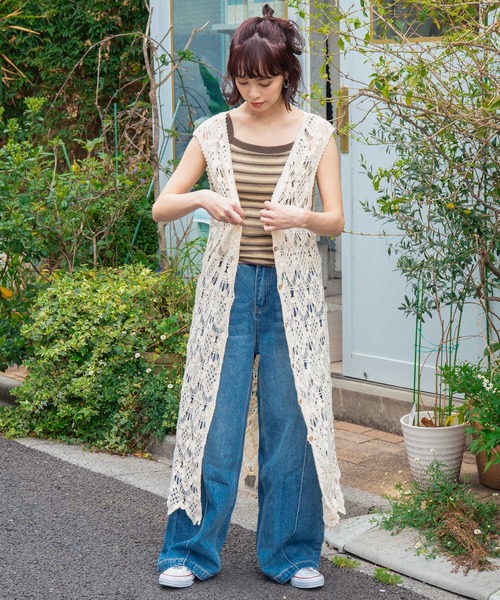 anap mimpi(アナップミンピ)の「クロッシェ 編み ロング ジレ ベスト(ベスト・レディース・ブラック/キナリ・FREE)」の3枚目の写真