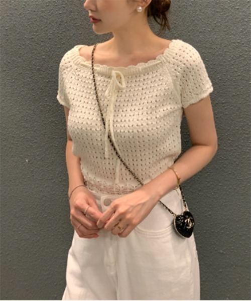 セール】半袖パンチングサマーニットトップス（ニット/セーター