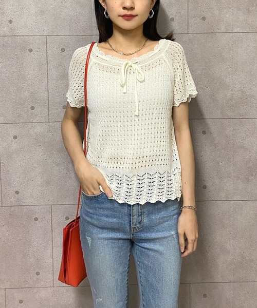 セール】半袖パンチングサマーニットトップス（ニット/セーター