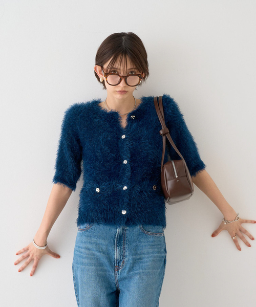 EMMA　ROUGE VIF（エマルージュヴィフ）の「【一部店舗限定】ハーフスリーブシャギーニットカーディガン（カーディガン/ボレロ・レディース・ネイビー/アイボリー・フリー）」の3枚目の写真