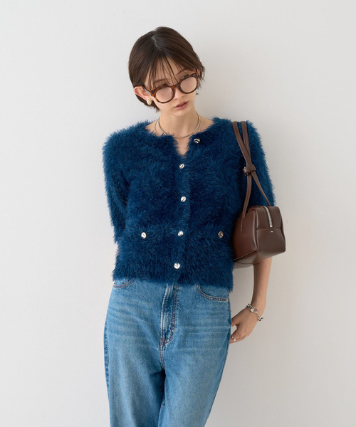 EMMA　ROUGE VIF（エマルージュヴィフ）の「【一部店舗限定】ハーフスリーブシャギーニットカーディガン（カーディガン/ボレロ・レディース・ネイビー/アイボリー・フリー）」の4枚目の写真