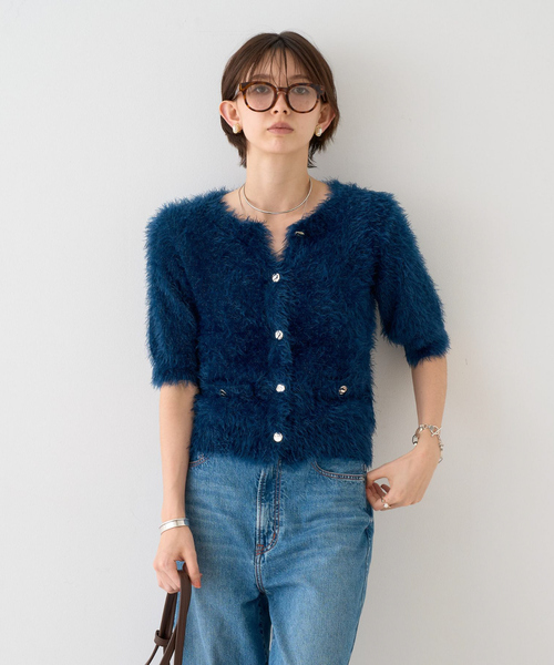 EMMA　ROUGE VIF（エマルージュヴィフ）の「【一部店舗限定】ハーフスリーブシャギーニットカーディガン（カーディガン/ボレロ・レディース・ネイビー/アイボリー・フリー）」の6枚目の写真