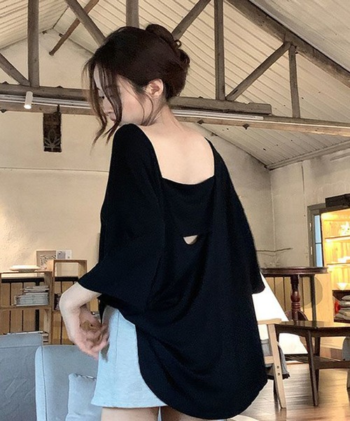 Songe(ソンジュ)の「バックオープンオーバーサイズ半袖Tシャツ(Tシャツ/カットソー・レディース・ホワイト/グレー/ブラック・M/L)」の2枚目の写真