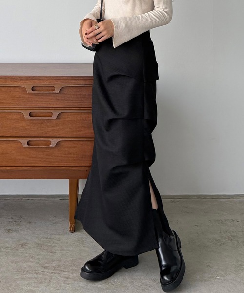 gomme ✨ ブラックサイン ツイストスカート セール】薄手ツイードサイドタックマーメイドスカート（スカート