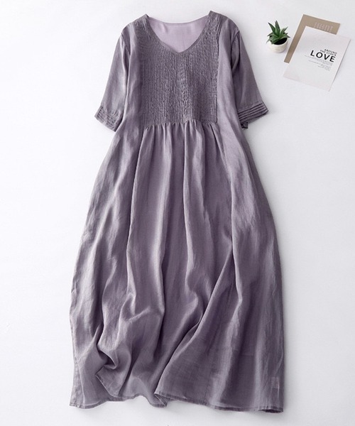 セール】【再販予約】Vﾈｯｸ胸ﾌﾟﾘｰﾂ五分袖ﾛﾝｸﾞﾜﾝﾋﾟｰｽ（ワンピース