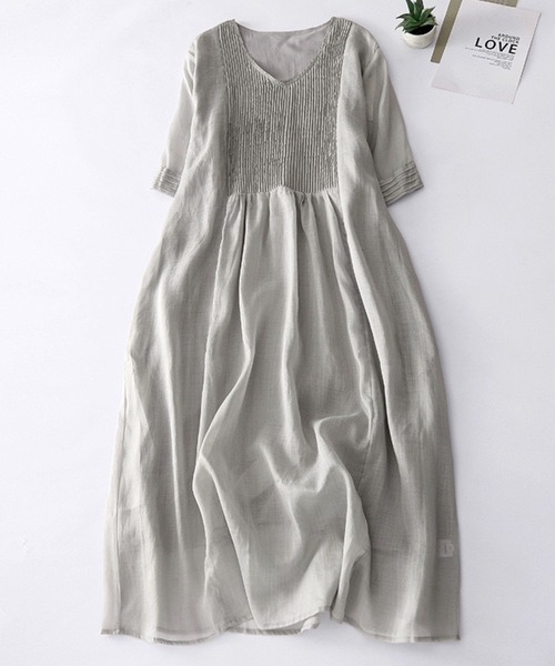 セール】【再販予約】Vﾈｯｸ胸ﾌﾟﾘｰﾂ五分袖ﾛﾝｸﾞﾜﾝﾋﾟｰｽ（ワンピース