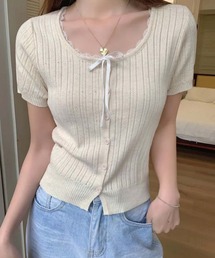 リボン付きクリーム色半袖ニット 楽天市場】【7/31！クーポンで2,220円】 ニット ライン トップス