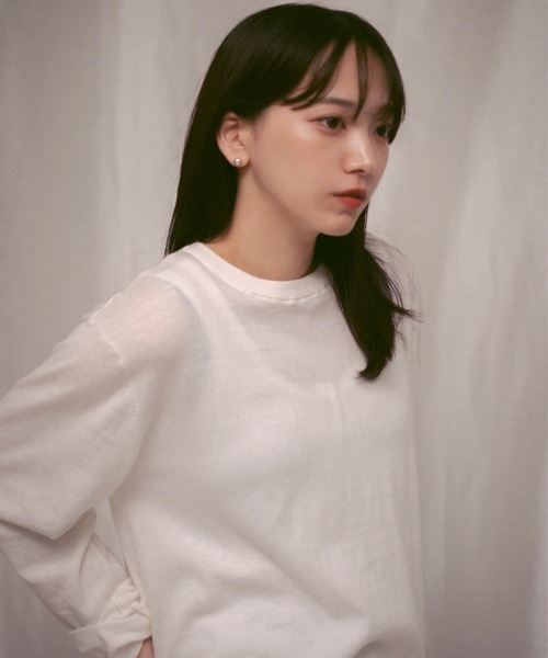 INTER FACTORY(インターファクトリー)の「2/9号室(かおこ&ひろと) - Crew Neck Cotton Knit Long Sleeve T-shirt / クルーネックコットンニットロンT made in IF Div.(ニット/セーター・メンズ・ダークブラウン/ホワイト・MEDIUM/LARGE)」の4枚目の写真