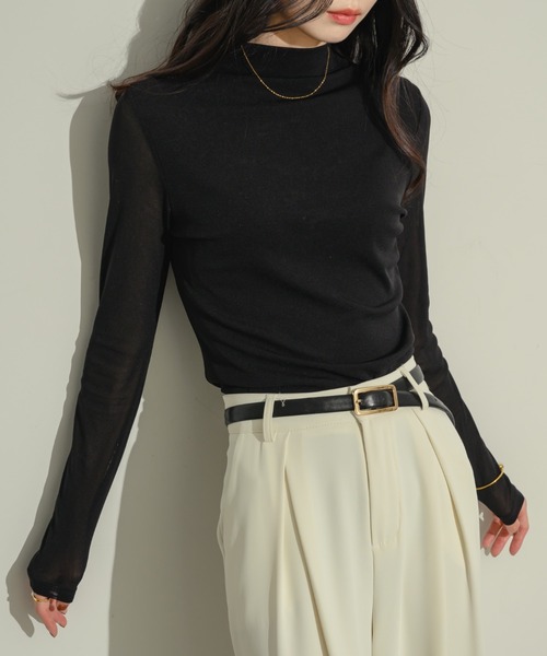 NEUNA(ヌナ)の「シアーモックネックトップス(Tシャツ/カットソー・レディース・アイボリー/ブラック/ブラウン・FREE)」の1枚目の写真