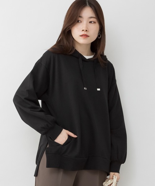 RCD(アールシーディー)の「ミニ裏毛脇スリットプルオーバーパーカー(Tシャツ/カットソー・レディース・ライトカーキ/杢グレー/ブラック・LL~3L/4L~5L/M-L)」の2枚目の写真