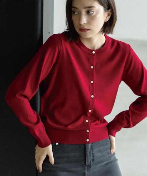 OPAQUE.CLIP（オペークドットクリップ）の「クルーニットカーディガン/エクストラファインメリノウール【THEシリーズ/洗濯機OK】（カーディガン/ボレロ・レディース・グレー/ブルー系その他7/ブラック/グリーン/ワインレッド/キャメル・38/40/36/42）」の22枚目の写真