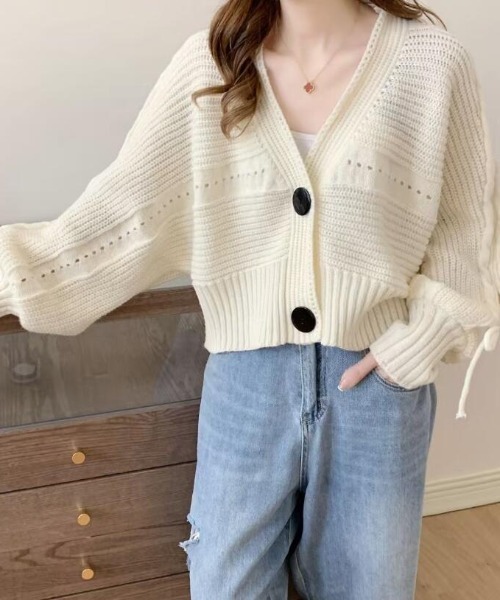 デニムパッチワーク フルジッパー ルーズフィット ニットカーディガン
