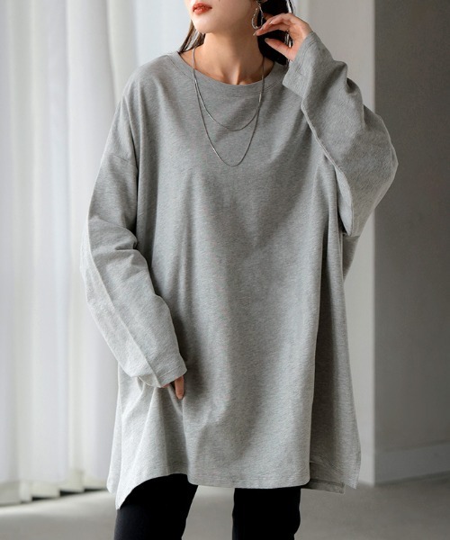 HUG.U（ハグユー）の「「選べるネック」　チュニックロンT（Tシャツ/カットソー・レディース・ブラウン/ホワイト/グリーン/ライトグレー/ブラック/グレー系その他2/ダークグレー/ブラック系その他/ライトベージュ/グレー系その他/ブラウン系その他/ベージュ系その他/グリーン系その他/ホワイト系その他・FREE）」の6枚目の写真
