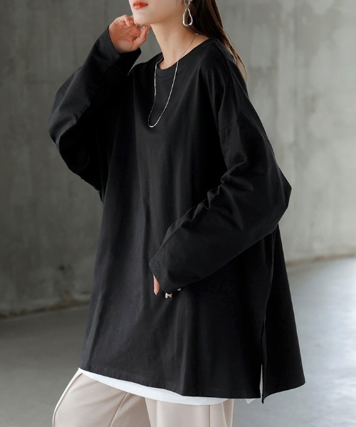 HUG.U（ハグユー）の「「選べるネック」　チュニックロンT（Tシャツ/カットソー・レディース・ブラウン/ホワイト/グリーン/ライトグレー/ブラック/グレー系その他2/ダークグレー/ブラック系その他/ライトベージュ/グレー系その他/ブラウン系その他/ベージュ系その他/グリーン系その他/ホワイト系その他・FREE）」の4枚目の写真