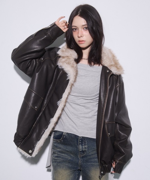 ENVYM（アンビー）の「ファードッキングレザーブルゾン（ブルゾン・レディース・ブラウン/ブラック・FREE）」の19枚目の写真