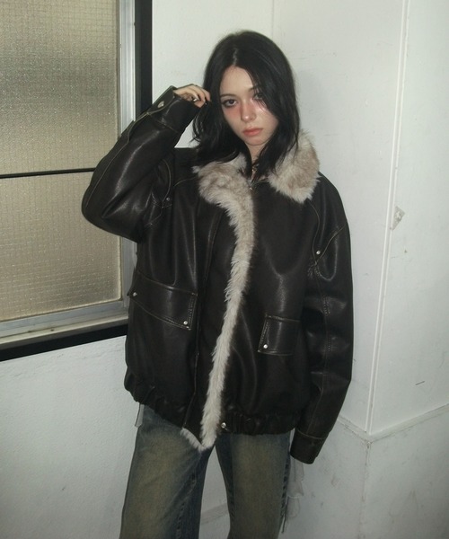 ENVYM（アンビー）の「ファードッキングレザーブルゾン（ブルゾン・レディース・ブラウン/ブラック・FREE）」の8枚目の写真