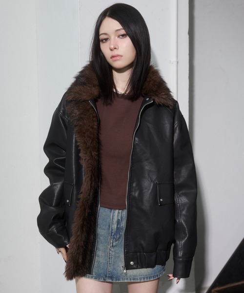 ENVYM（アンビー）の「ファードッキングレザーブルゾン（ブルゾン・レディース・ブラウン/ブラック・FREE）」の10枚目の写真