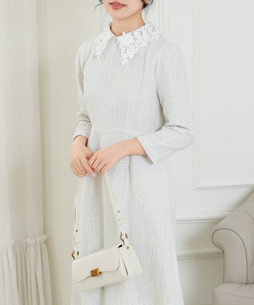 セール】フラワー レース襟付き 7分袖 ミディ ワンピース（ドレス