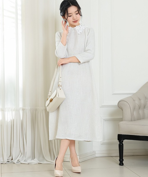 セール】フラワー レース襟付き 7分袖 ミディ ワンピース（ドレス