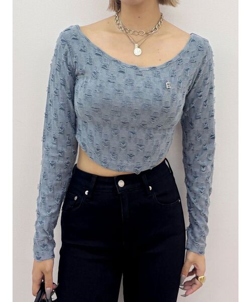 EVRIS（エヴリス）の「ダメージカットクロップドロンＴ（Tシャツ/カットソー・レディース・ホワイト/ブルー/ブラック・FREE）」の3枚目の写真