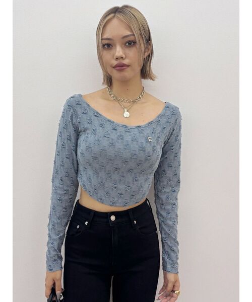 EVRIS（エヴリス）の「ダメージカットクロップドロンＴ（Tシャツ/カットソー・レディース・ホワイト/ブルー/ブラック・FREE）」の7枚目の写真