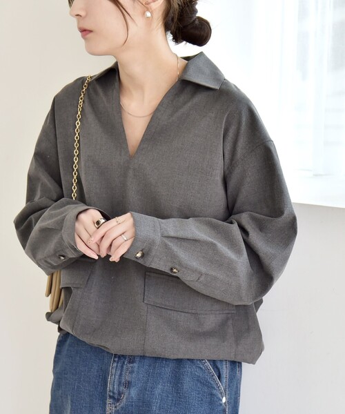 quaranciel(カランシエル)の「quaranciel:〈洗濯機可能〉ポケット ドロスト スキッパー プルオーバー シャツ(シャツ/ブラウス・レディース・ライトブラウン/グレー/ワイン・ONE SIZE)」の6枚目の写真