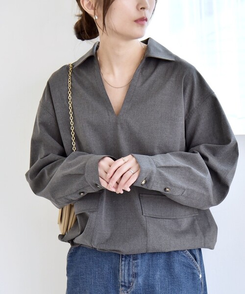 quaranciel(カランシエル)の「quaranciel:〈洗濯機可能〉ポケット ドロスト スキッパー プルオーバー シャツ(シャツ/ブラウス・レディース・ライトブラウン/グレー/ワイン・ONE SIZE)」の8枚目の写真