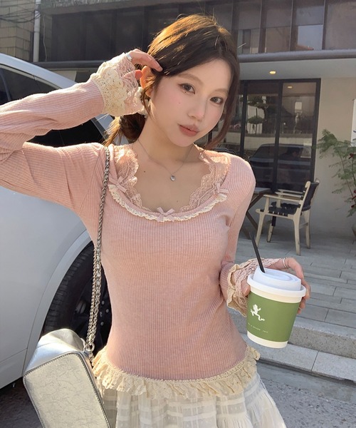 gossip!ロサンゼルス(ゴシップロサンゼルス)の「Y2K かわいいレースリボンネックトップス(Tシャツ/カットソー・レディース・ベージュ/グレー・FREE)」の13枚目の写真