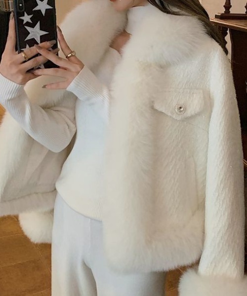 deux amour（ドゥーザムール）の「ファー付きツイードコート（その他アウター・レディース・ホワイト/ブラック・FREE）」の2枚目の写真