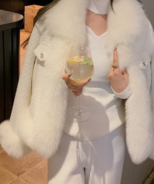 deux amour（ドゥーザムール）の「ファー付きツイードコート（その他アウター・レディース・ホワイト/ブラック・FREE）」の3枚目の写真