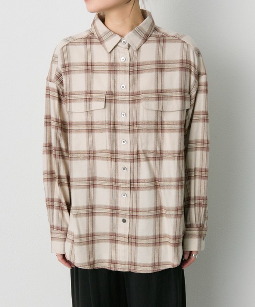 PUAL CE CIN（ピュアルセシン）の「ダブルポケット起毛チェックシャツ（シャツ/ブラウス・レディース・クリーム/ブラウン・FREE）」の6枚目の写真