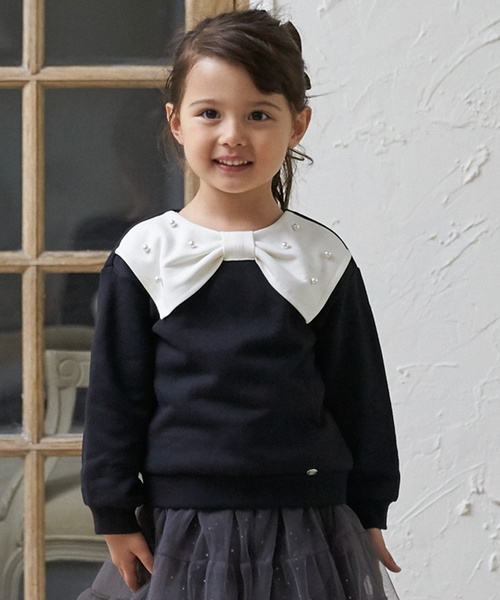 petit main(프티 마인)의 「【뒤 기모/링크】리본 옷깃 트레이너(스웨트)」｜블랙