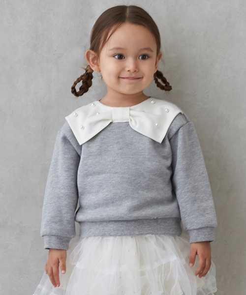 petit main(프티 마인)의 「【뒤 기모/링크】리본 옷깃 트레이너(스웨트)」｜톱 그레이