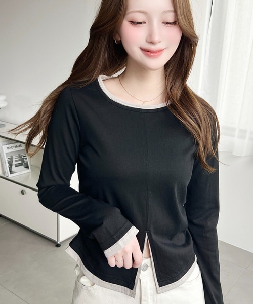 moment+(モーメントプラス)の「配色レイヤードライクセンタースリットシアープルオーバー(Tシャツ/カットソー・レディース・ブラック/ピンク/イエロー/ブルー/アイボリー/杢グレー/ネイビー・M/L)」の13枚目の写真