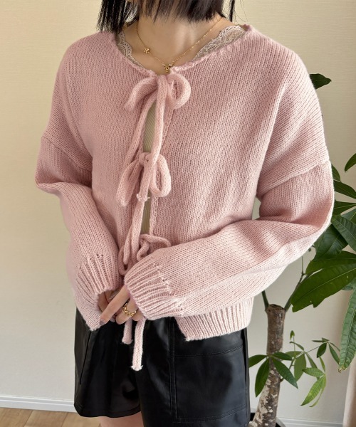 Miniministore(ミニミニストア)の「リボンカーディガン前後2WAYニット春秋(ニット/セーター・レディース・ブラック/イエロー/ピンク/ライトグレー/ブラウン/アイボリー・FREE)」の6枚目の写真