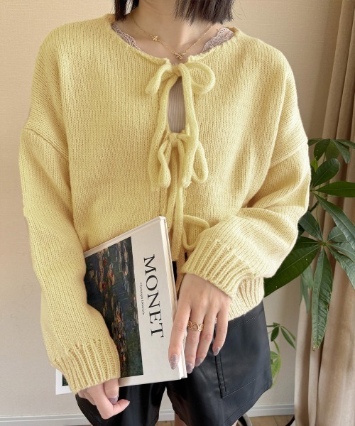 Miniministore(ミニミニストア)の「リボンカーディガン前後2WAYニット春秋(ニット/セーター・レディース・ブラック/イエロー/ピンク/ライトグレー/ブラウン/アイボリー・FREE)」の5枚目の写真