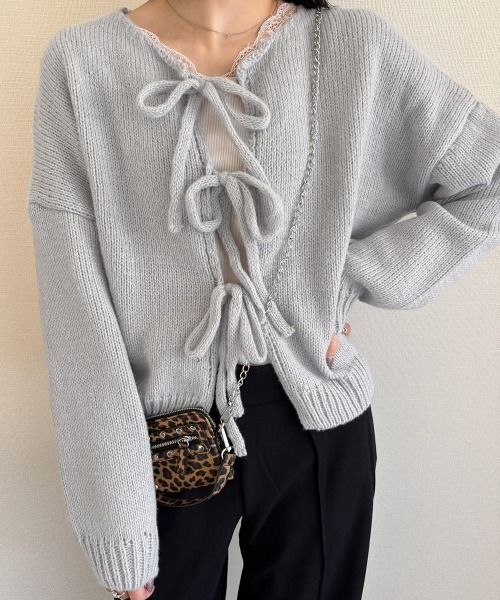 Miniministore(ミニミニストア)の「リボンカーディガン前後2WAYニット春秋(ニット/セーター・レディース・ブラック/イエロー/ピンク/ライトグレー/ブラウン/アイボリー・FREE)」の1枚目の写真