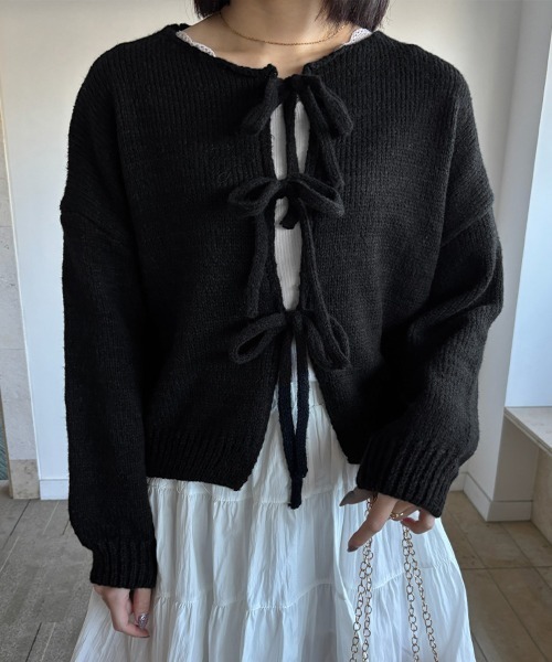 Miniministore(ミニミニストア)の「リボンカーディガン前後2WAYニット春秋(ニット/セーター・レディース・ブラック/イエロー/ピンク/ライトグレー/ブラウン/アイボリー・FREE)」の3枚目の写真