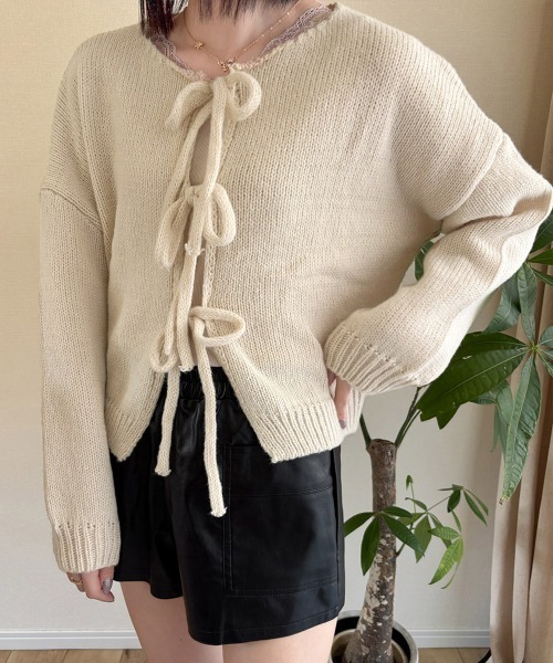 Miniministore(ミニミニストア)の「リボンカーディガン前後2WAYニット春秋(ニット/セーター・レディース・ブラック/イエロー/ピンク/ライトグレー/ブラウン/アイボリー・FREE)」の7枚目の写真