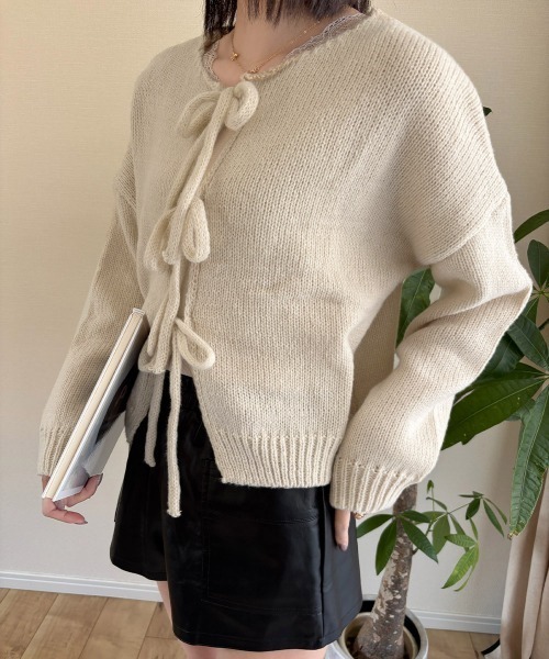Miniministore(ミニミニストア)の「リボンカーディガン前後2WAYニット春秋(ニット/セーター・レディース・ブラック/イエロー/ピンク/ライトグレー/ブラウン/アイボリー・FREE)」の8枚目の写真