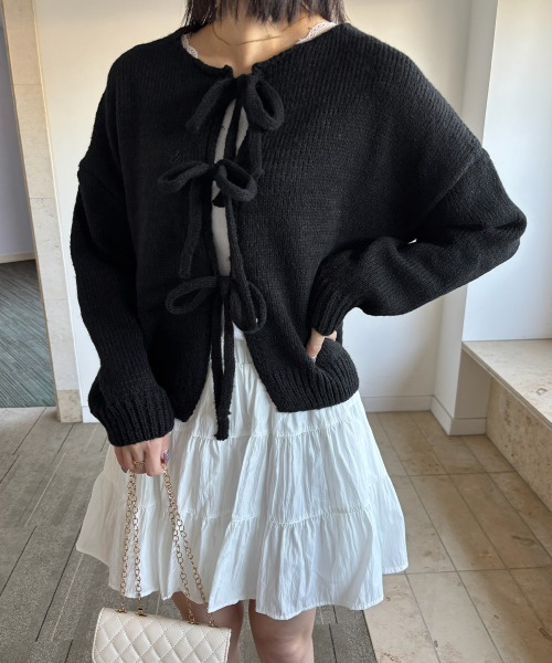 Miniministore(ミニミニストア)の「リボンカーディガン前後2WAYニット春秋(ニット/セーター・レディース・ブラック/イエロー/ピンク/ライトグレー/ブラウン/アイボリー・FREE)」の10枚目の写真