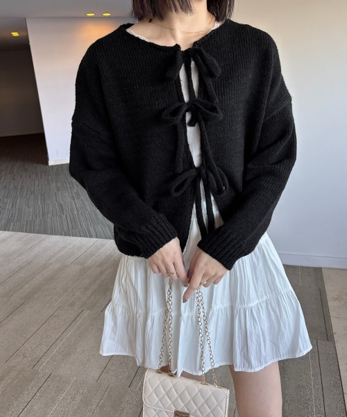 Miniministore(ミニミニストア)の「リボンカーディガン前後2WAYニット春秋(ニット/セーター・レディース・ブラック/イエロー/ピンク/ライトグレー/ブラウン/アイボリー・FREE)」の11枚目の写真