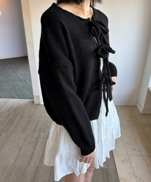 Miniministore(ミニミニストア)の「リボンカーディガン前後2WAYニット春秋(ニット/セーター・レディース・ブラック/イエロー/ピンク/ライトグレー/ブラウン/アイボリー・FREE)」の12枚目の写真