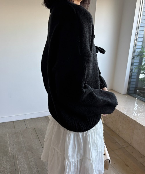 Miniministore(ミニミニストア)の「リボンカーディガン前後2WAYニット春秋(ニット/セーター・レディース・ブラック/イエロー/ピンク/ライトグレー/ブラウン/アイボリー・FREE)」の13枚目の写真