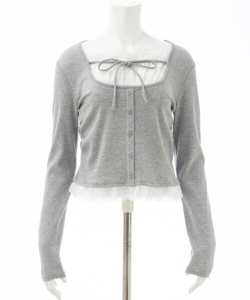 INGNI（イング）の「レースレイヤード風リボン付きリブトップス（Tシャツ/カットソー・レディース・グレー×ホワイト/レッド系3/ブラック×ホワイト/ブラック系その他4/ホワイト系その他・M）」の16枚目の写真