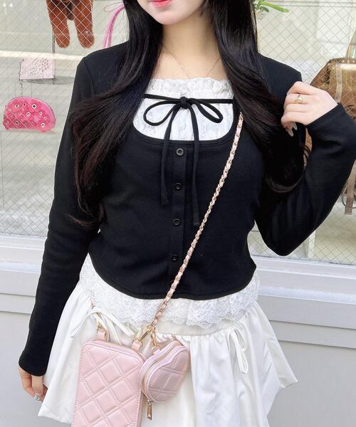 INGNI（イング）の「レースレイヤード風リボン付きリブトップス（Tシャツ/カットソー・レディース・グレー×ホワイト/レッド系3/ブラック×ホワイト/ブラック系その他4/ホワイト系その他・M）」の14枚目の写真