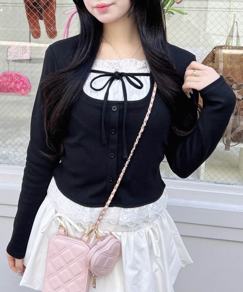 INGNI（イング）の「レースレイヤード風リボン付きリブトップス（Tシャツ/カットソー・レディース・グレー×ホワイト/レッド系3/ブラック×ホワイト/ブラック系その他4/ホワイト系その他・M）」の3枚目の写真