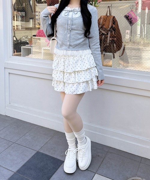 INGNI（イング）の「レースレイヤード風リボン付きリブトップス（Tシャツ/カットソー・レディース・グレー×ホワイト/レッド系3/ブラック×ホワイト/ブラック系その他4/ホワイト系その他・M）」の8枚目の写真